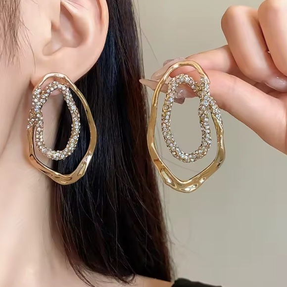 Golden Waves Crystal Double Oval Statement Earrings - Picture 8 of 11